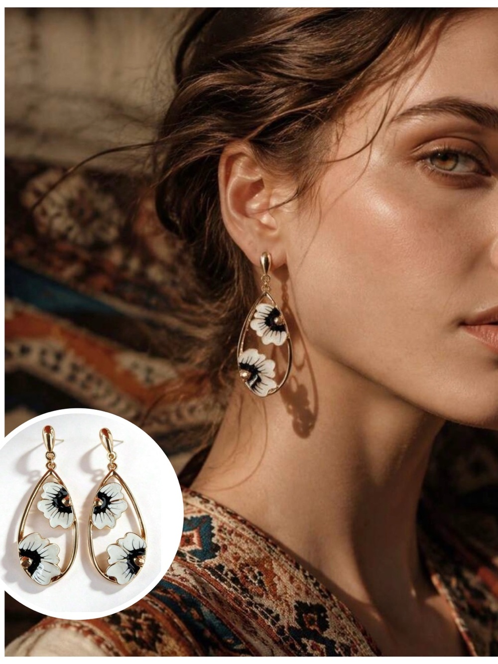 Luxe gold teardrop earrings with white + black flower cutouts, new!
